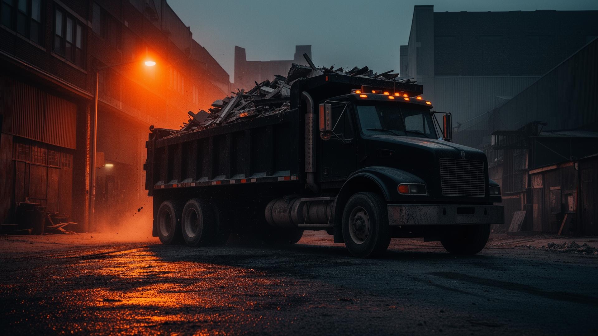 Black dump truck loaded with debris on an industrial street